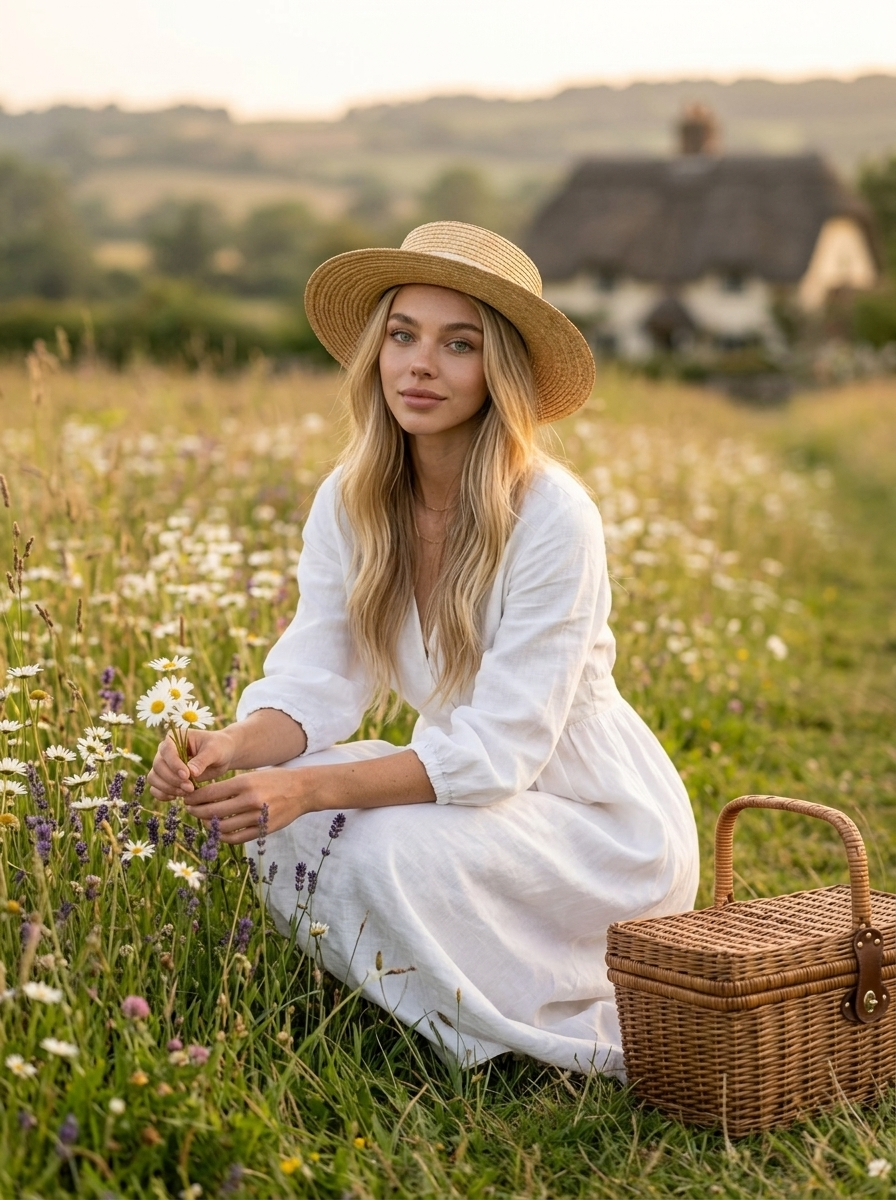 Mulher em Vestido Branco Colhendo Flores Cottagecore