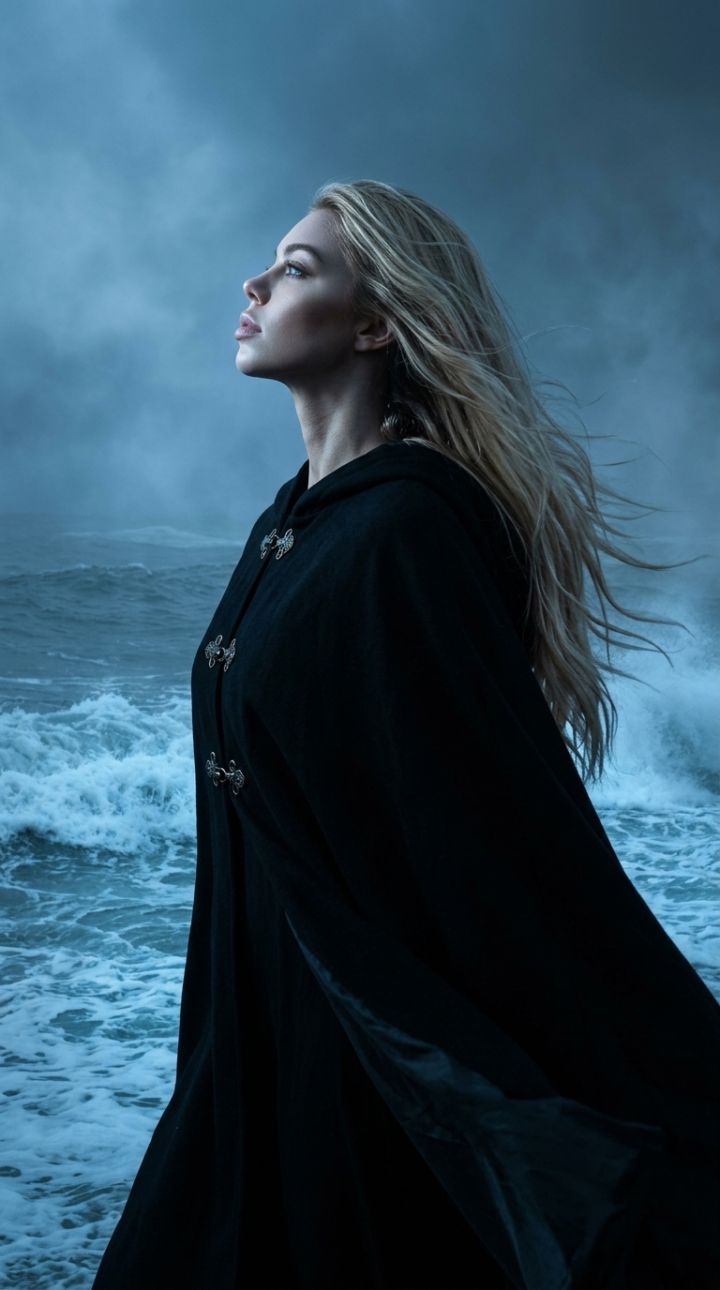 Mulher Misteriosa em Perfil Esquerdo na Tempestade Oceânica - Realismo Fotorealista Ultra HD