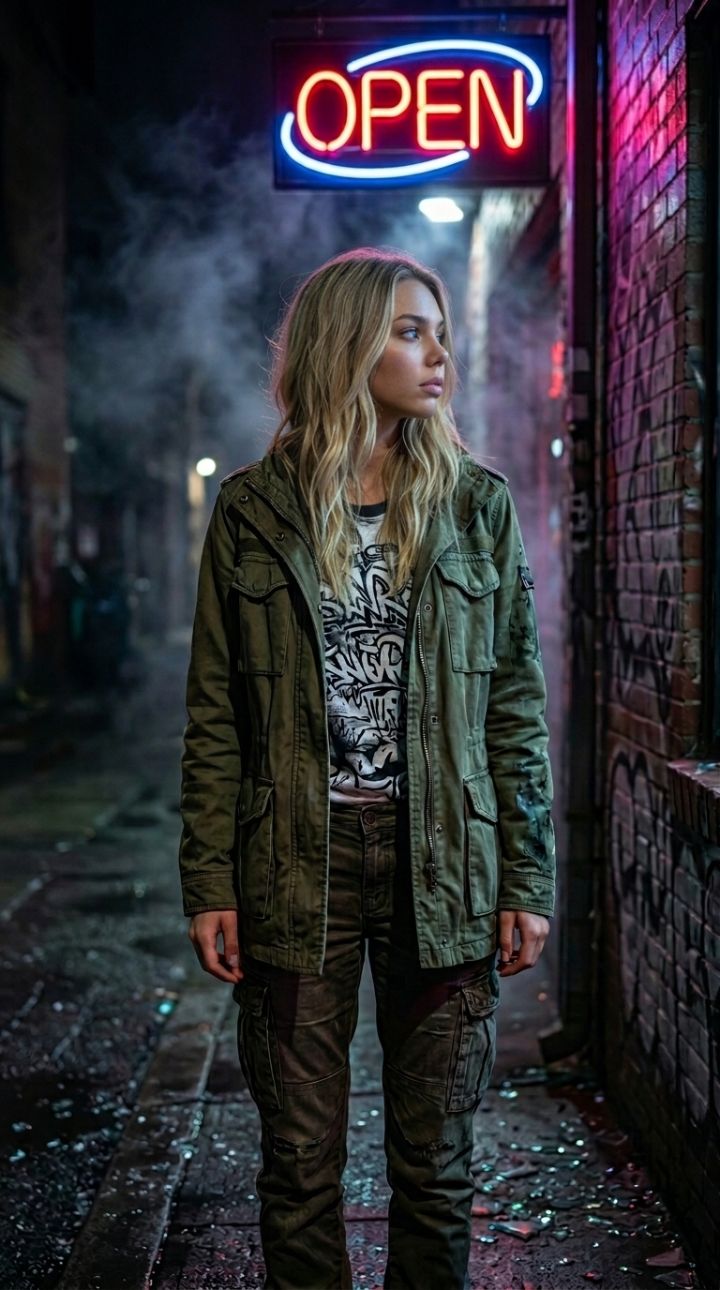 Muž v army parka pod blikajúcim neonovým nápisom OPEN – ultra realistický urban grunge