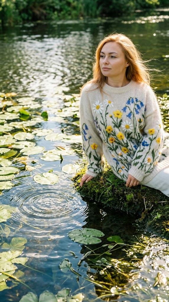 Near the stream with water lilies: sitting on the shore, portrait with water in the foreground, sun reflections. Side angle, textures of water and lilies, light breeze creates waves. Green-blue tones, calm and reflection., in an oversize sweater made of angora wool with a pattern of field flowers