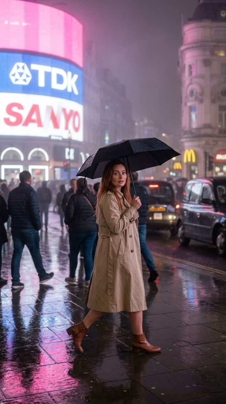 Neon Piccadilly Circus éjszakai ködben – Ultra fotorealisztikus utcai jelenet