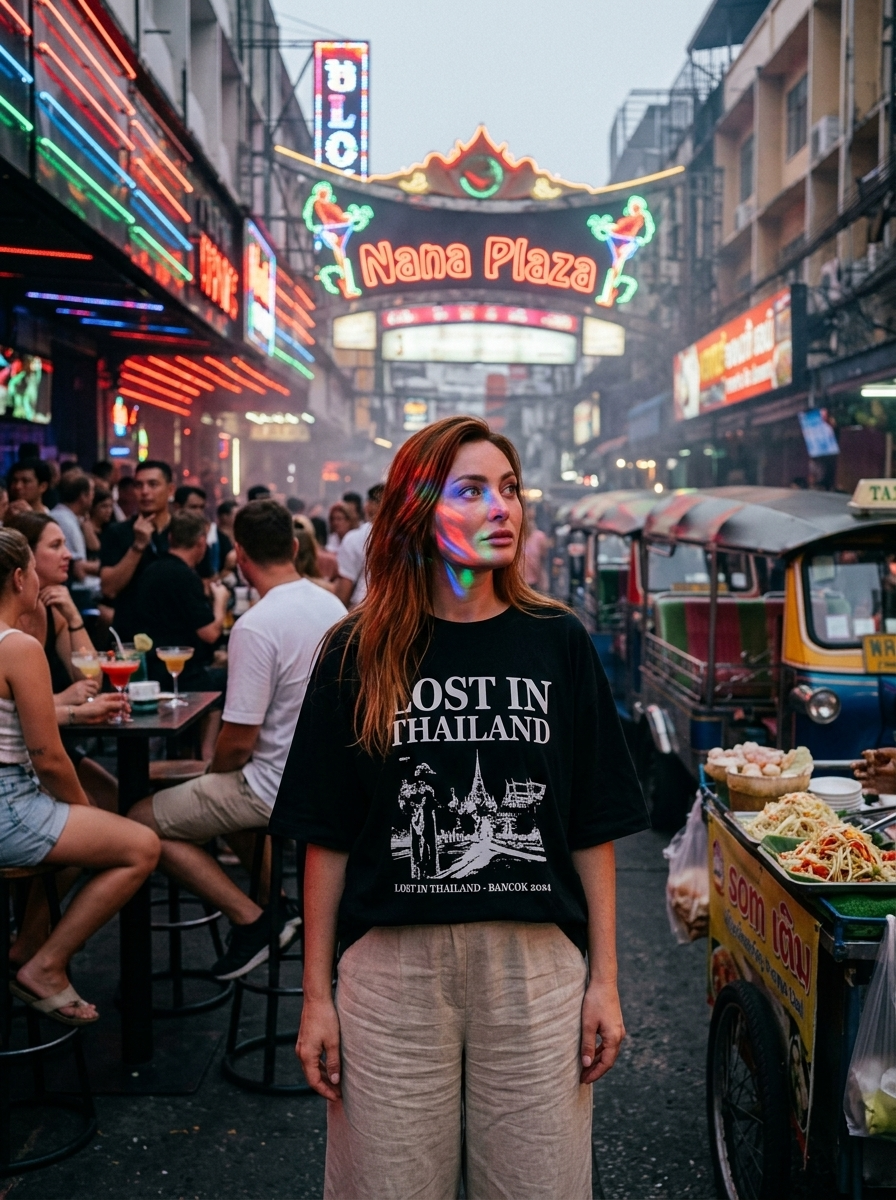 Neonska uličica Nana Plaza v Bangkoku ob mraku – backpacker vzdušje