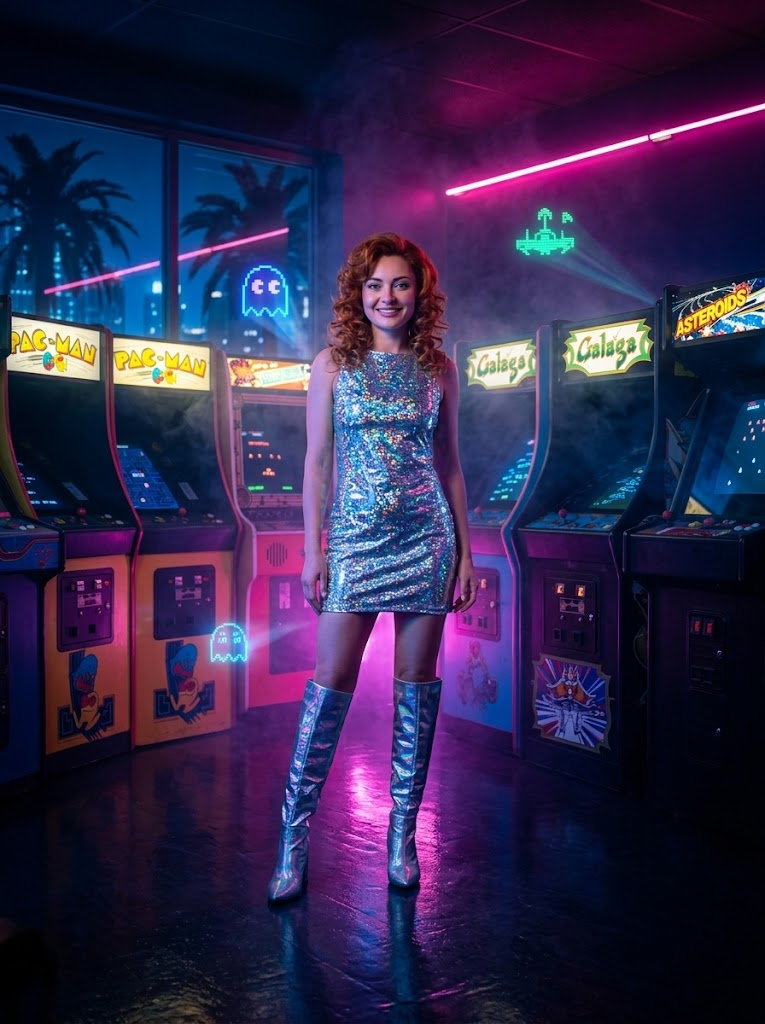 Nostalgična 80s arkadna dvorana ponoči z neon lučmi in holografsko obleko