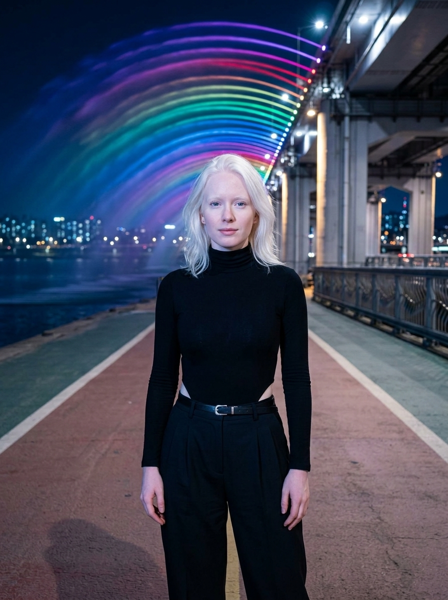 Nočný most Banpo s dúhovými svetlami – futuristická móda v ultra fotorealizme