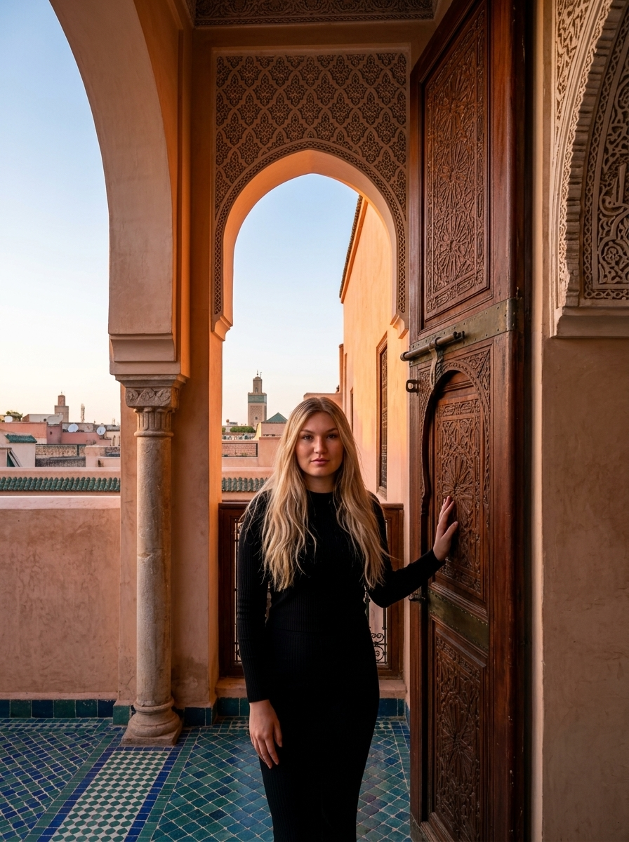 Om Înalt sub Arcurile unui Riad Moroccan la Apus – Fotorealism Ultra Detaliat