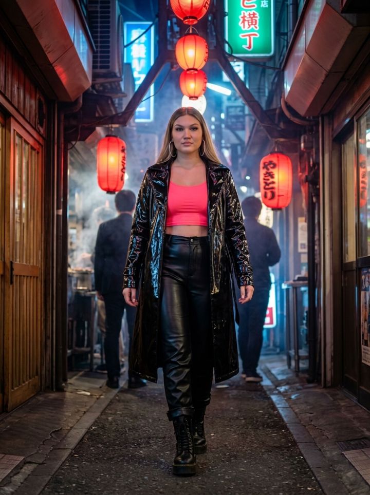 Omoide Yokocho Lantern Alley: Neon Pink Crop Top & Vinyl Trench Coat Night Walk