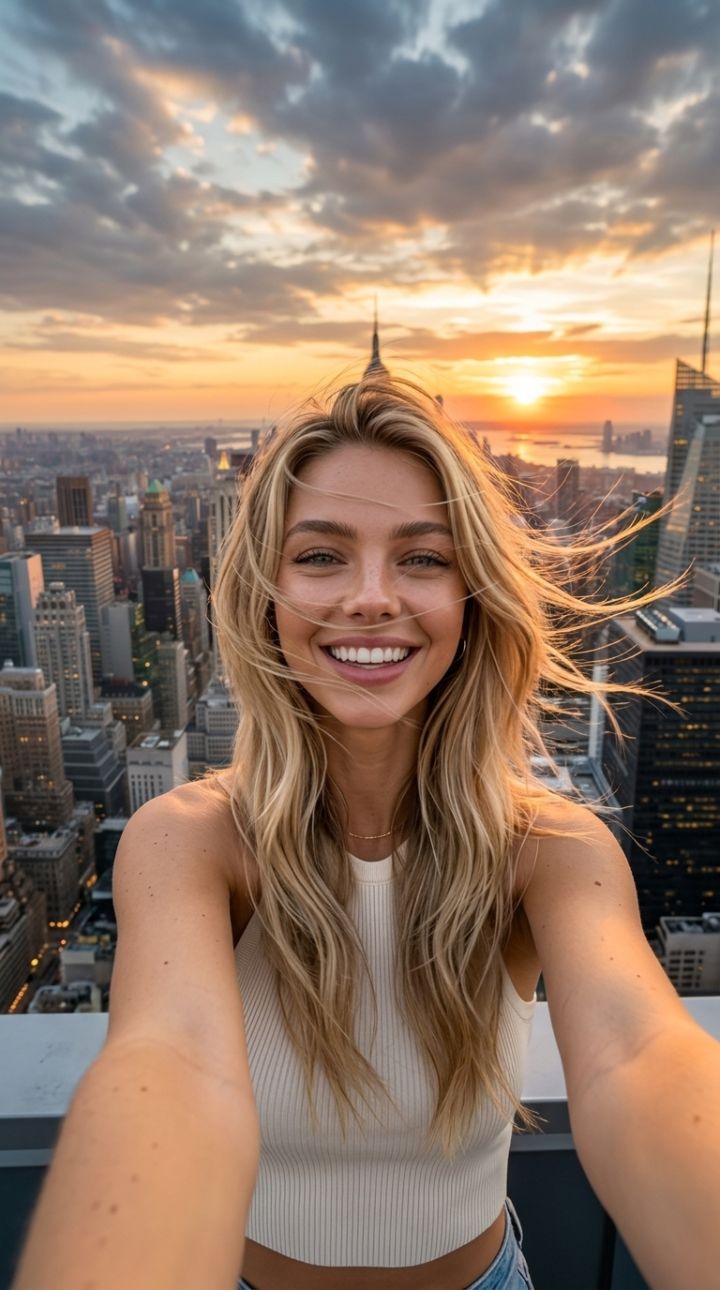 On the roof of the house, city panorama at sunset, phone in outstretched hand, wind, hair in flig...