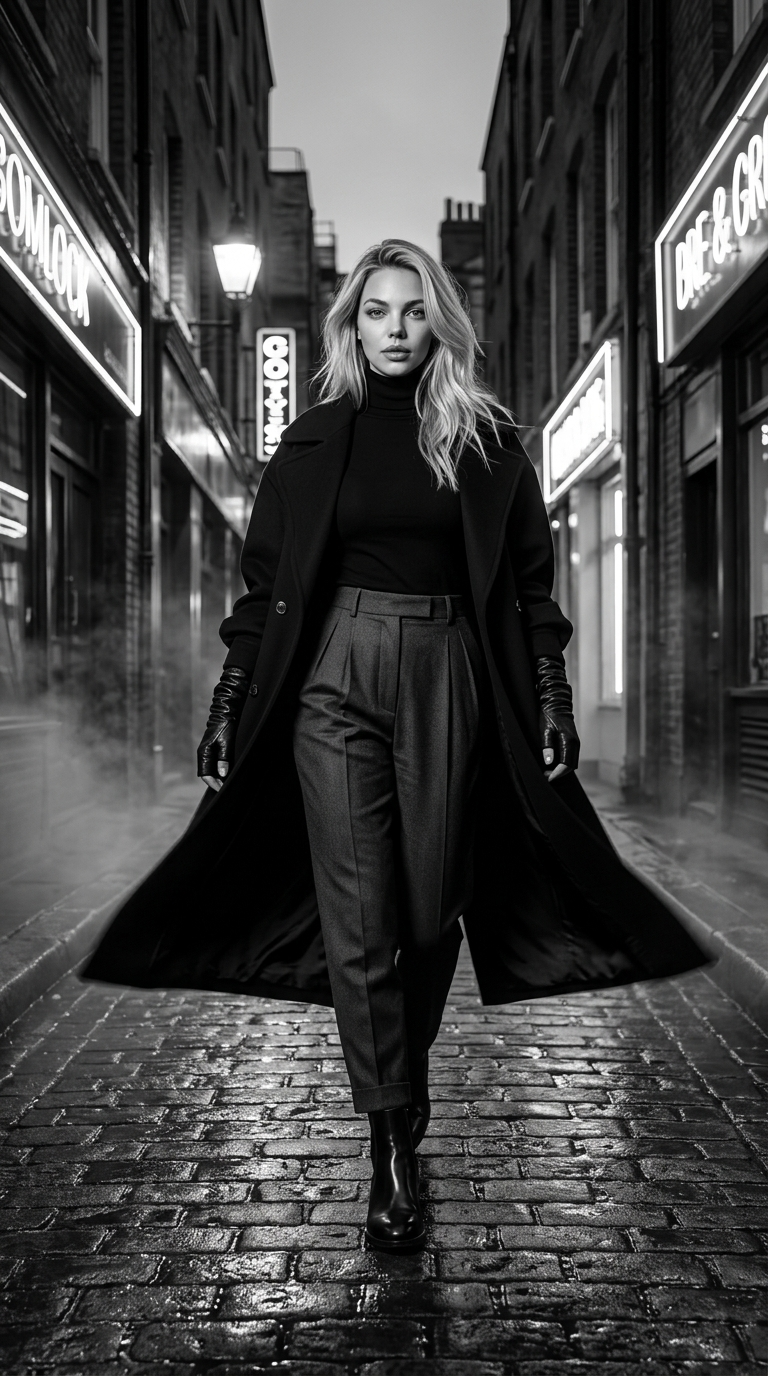 Opvallende Figuur in Slanke Oversized Jas op Regenachtige Kasseiensteeg bij Schemering - Cinematische Mode Editorial