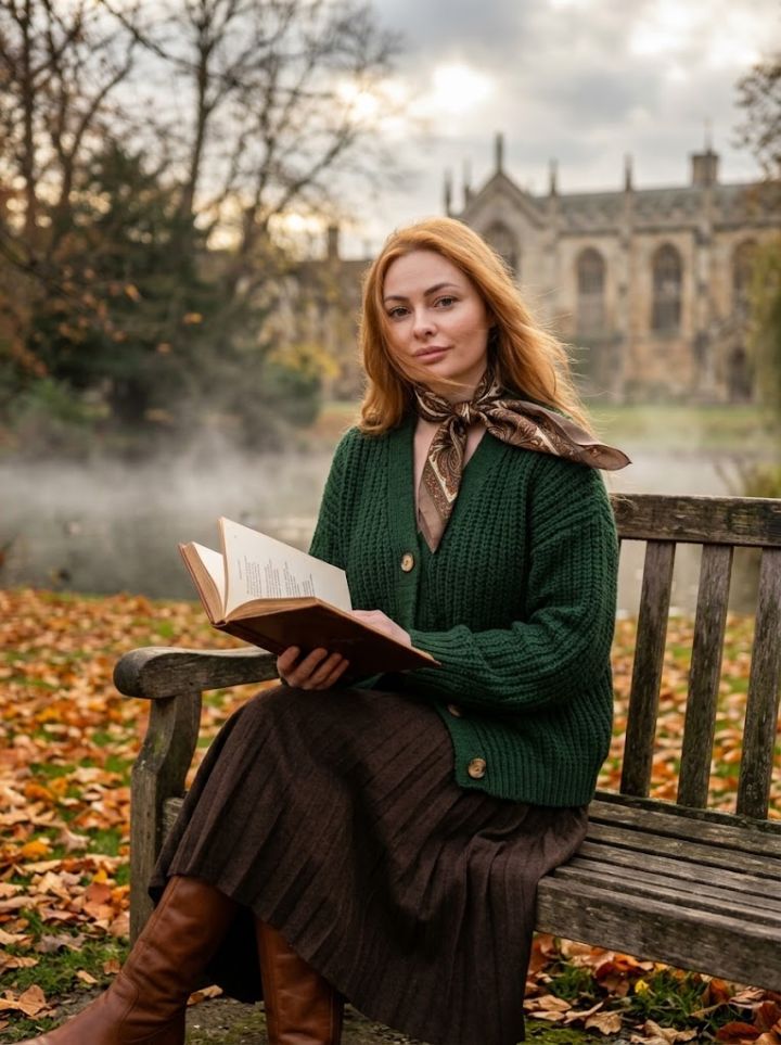 Parc Automnal Romantique près du Collège : Femme Élégante avec Livre de Poésie