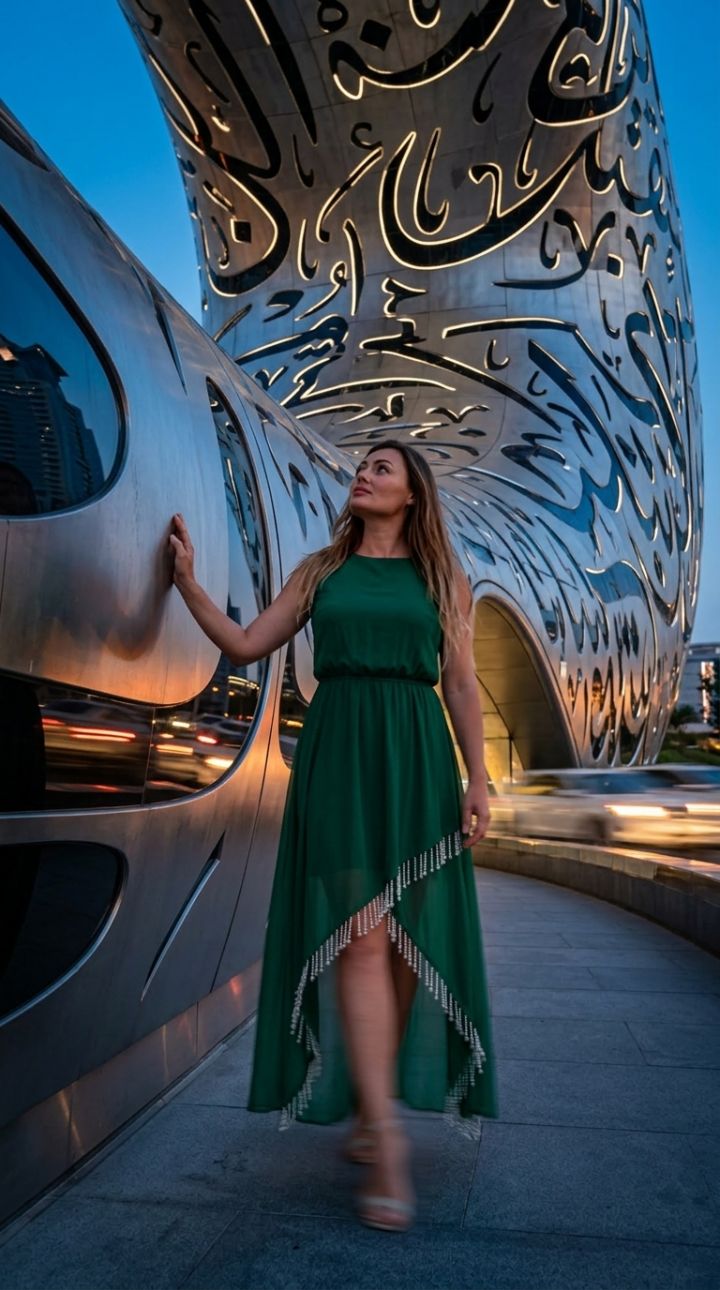 Paseo Elegante por la Curva Exterior del Museo del Futuro al Atardecer en Vestido Verde Esmeralda