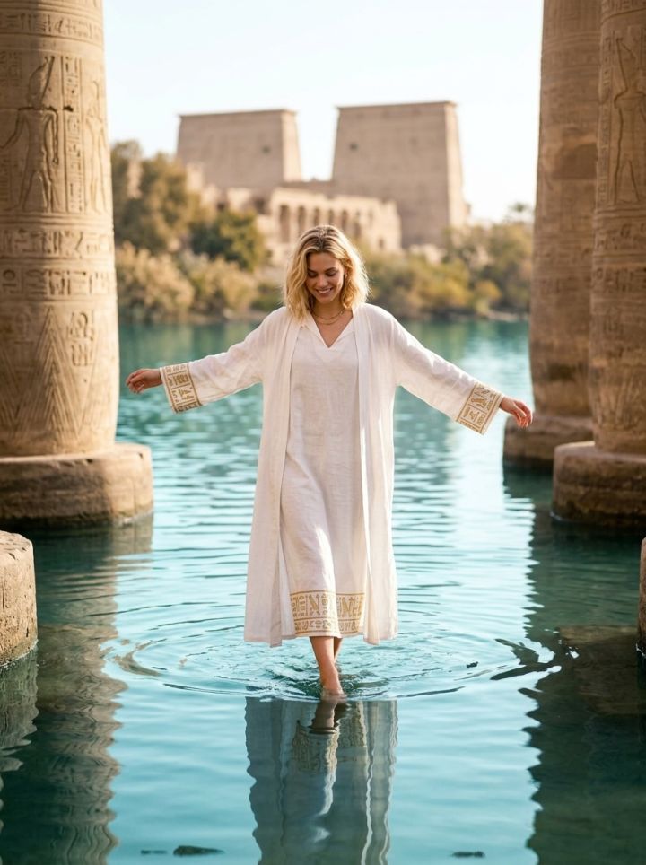 Passeggiata nell'Acqua Turchese al Tempio di Philae Sommerso: Realismo Ultra Fotografico