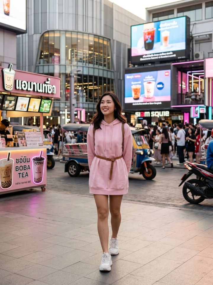 Passeggiata Rilassata a Siam Square: Hoodie Rosa Pastello Oversize, Moda Streetwear e Vitalità Ur...