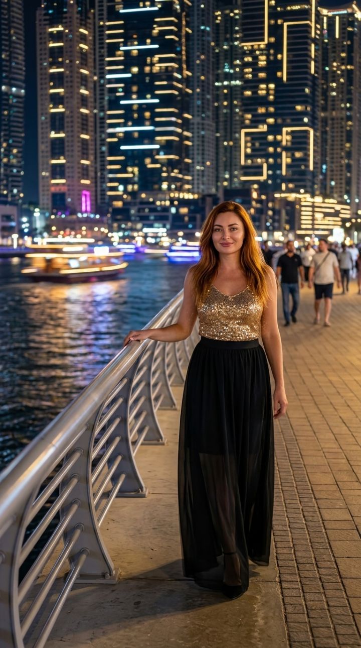 Passeggiata Serale sul Promenade di Dubai Marina: Donna Elegante con Top Dorado e Gonna Chiffon, ...