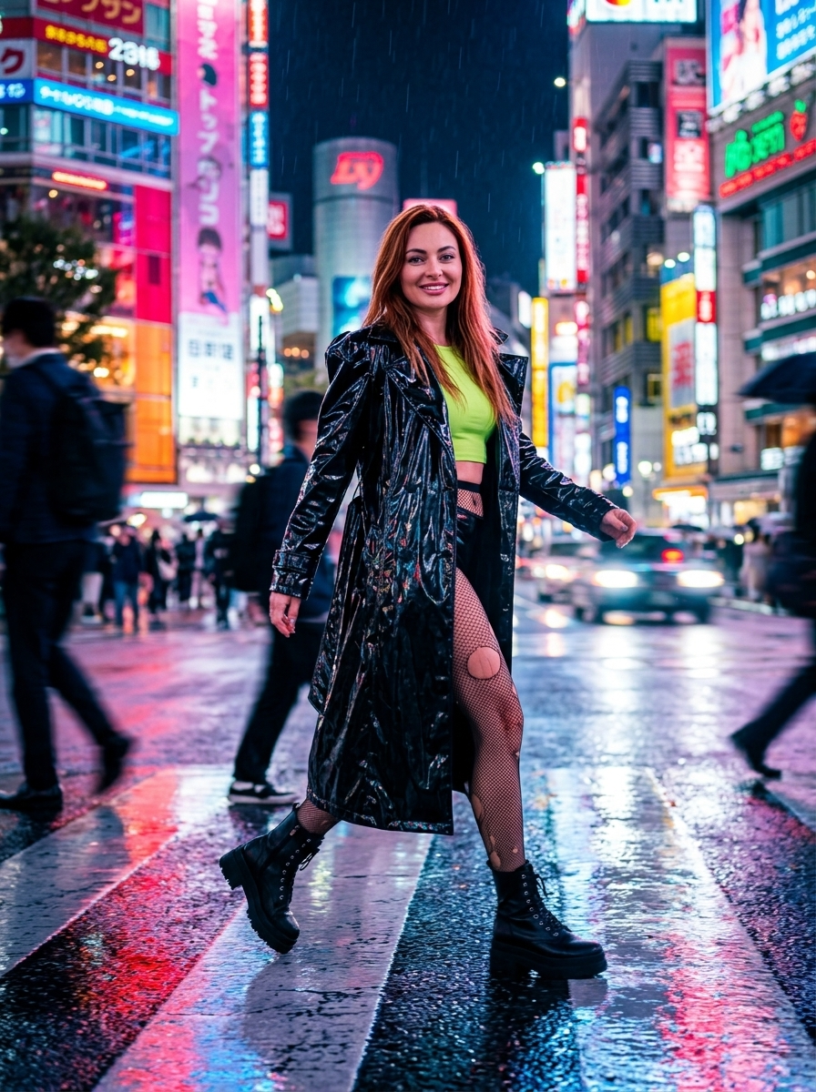 Pejalan Kaki Dinamis di Persimpangan Shibuya Malam Hari dengan Mantel Trench Vinyl Hitam Glossy dan Crop Top Neon Hijau