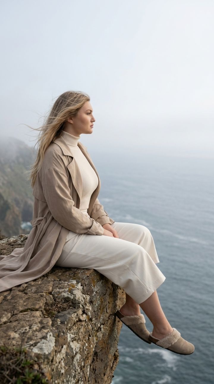 Perfil Contemplativo de Mulher no Penhasco: Vista Oceânica Infinita, Ultra Realismo Fotográfico