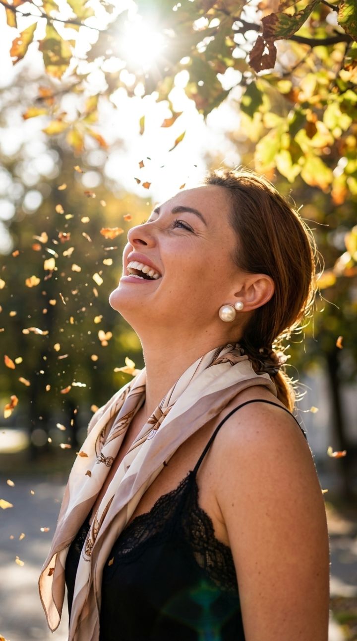 Perfil lateral de mujer riendo con cabeza echada hacia atrás, ojos arrugados de alegría y sonrisa...