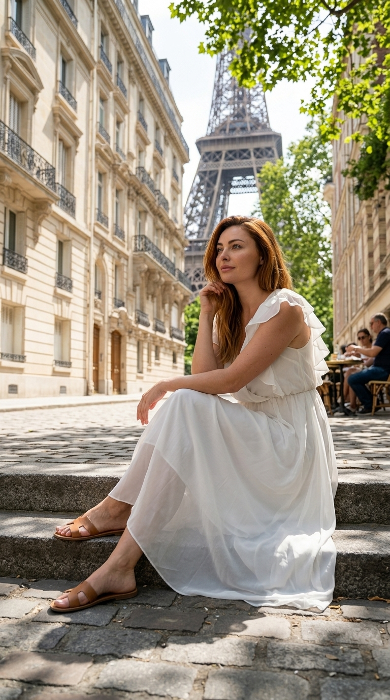 Photo Cinématique Ultra-Réaliste : Femme en Robe Chiffon sur les Marches de l'Avenue de Camoens, Paris