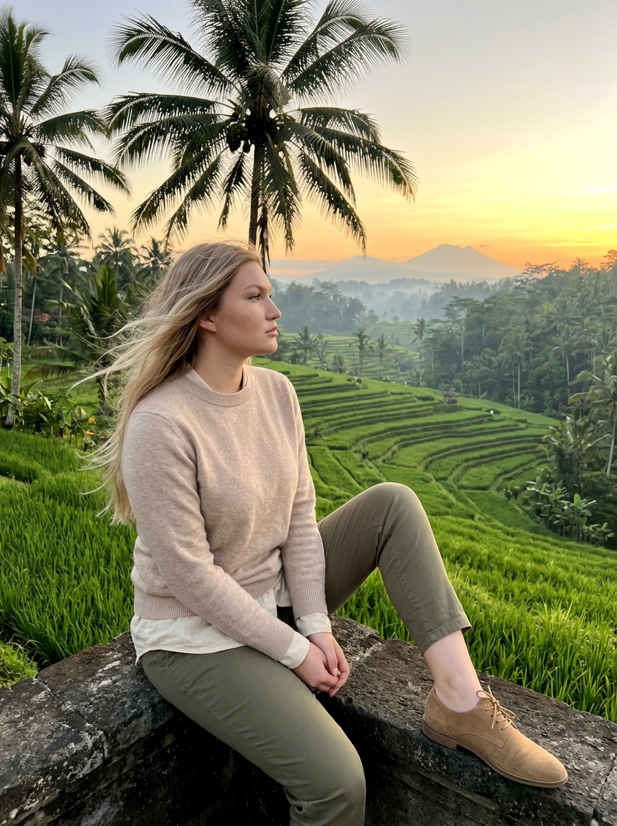 Photo ultra réaliste : Contemplation aux rizières de Tegalalang à l'heure dorée