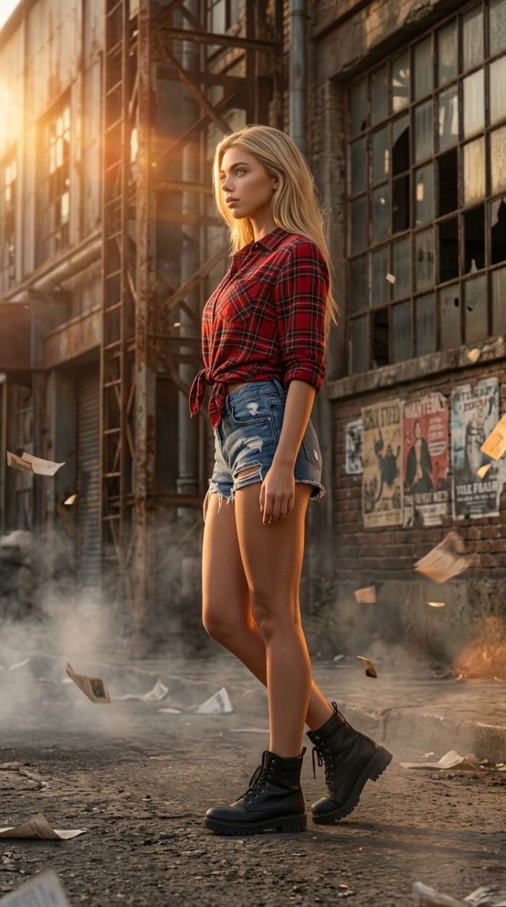 Photorealistic Grunge Woman Profile in Urban Decay Sunset Street - Epic Drama AI Art