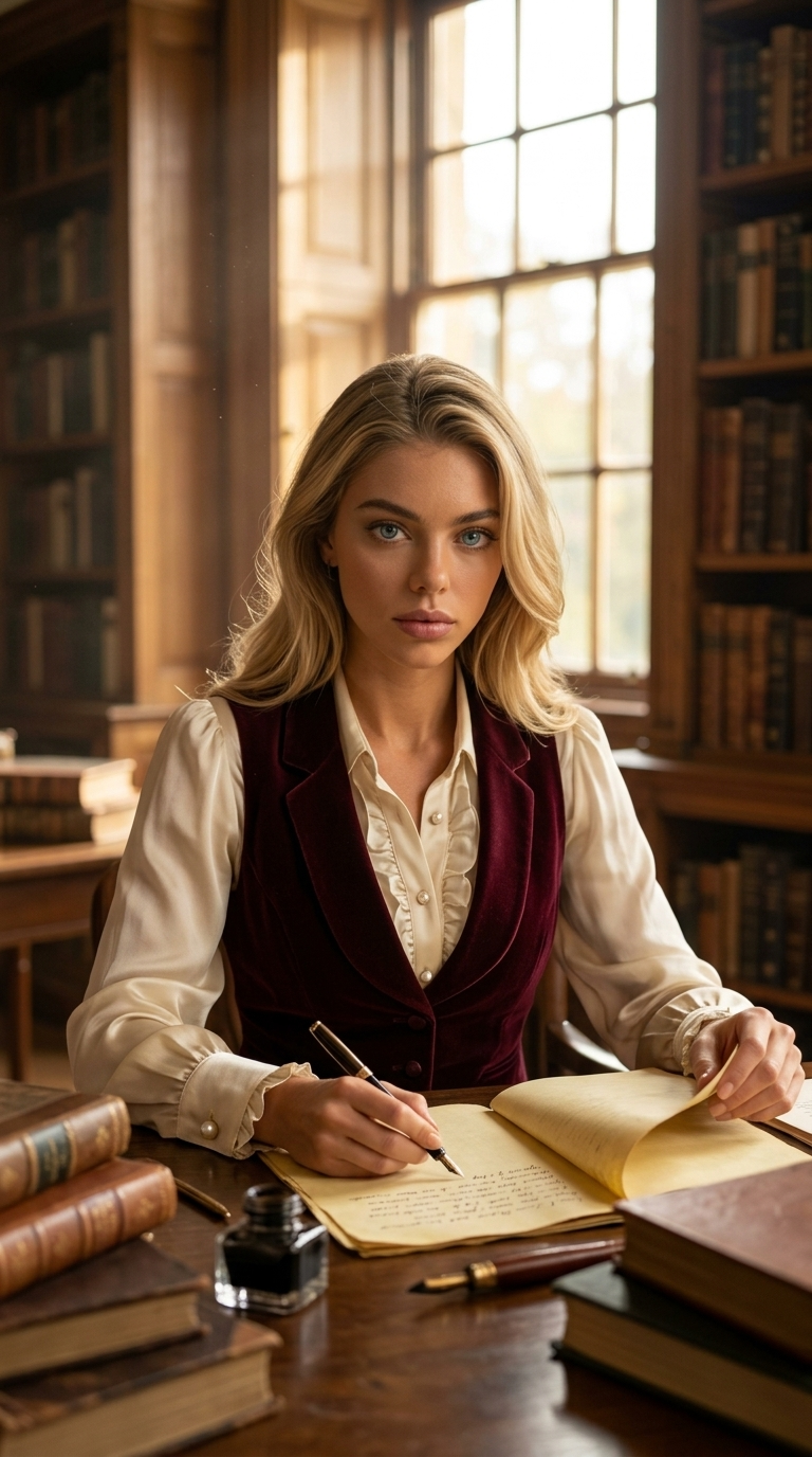 Photorealistic Scholar Writing at Cluttered Vintage Library Desk Golden Hour