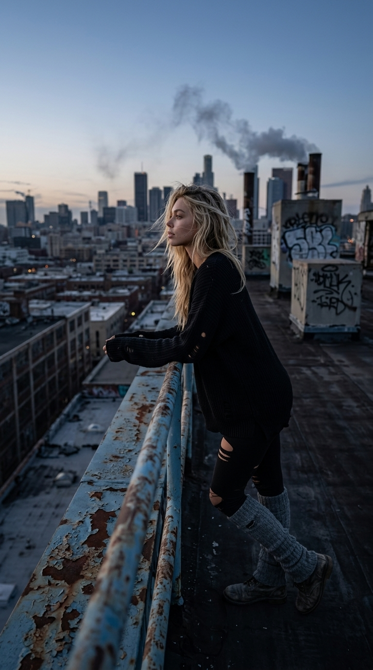 Photorealistic Woman on Abandoned Rooftop: Wind-Swept Hair, Twilight City Panorama, Oversized Hole-y Sweater