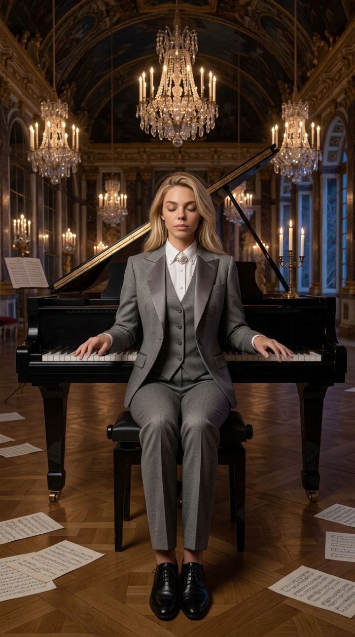 Pianista Elegante em Sala de Palácio com Terno Cinza de Lã | Fotorealismo Ultra