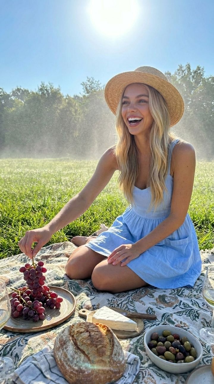 Picnic gioioso in prato verde: donna in abito di cotone e cappello di paglia prende grappolo d'uv...
