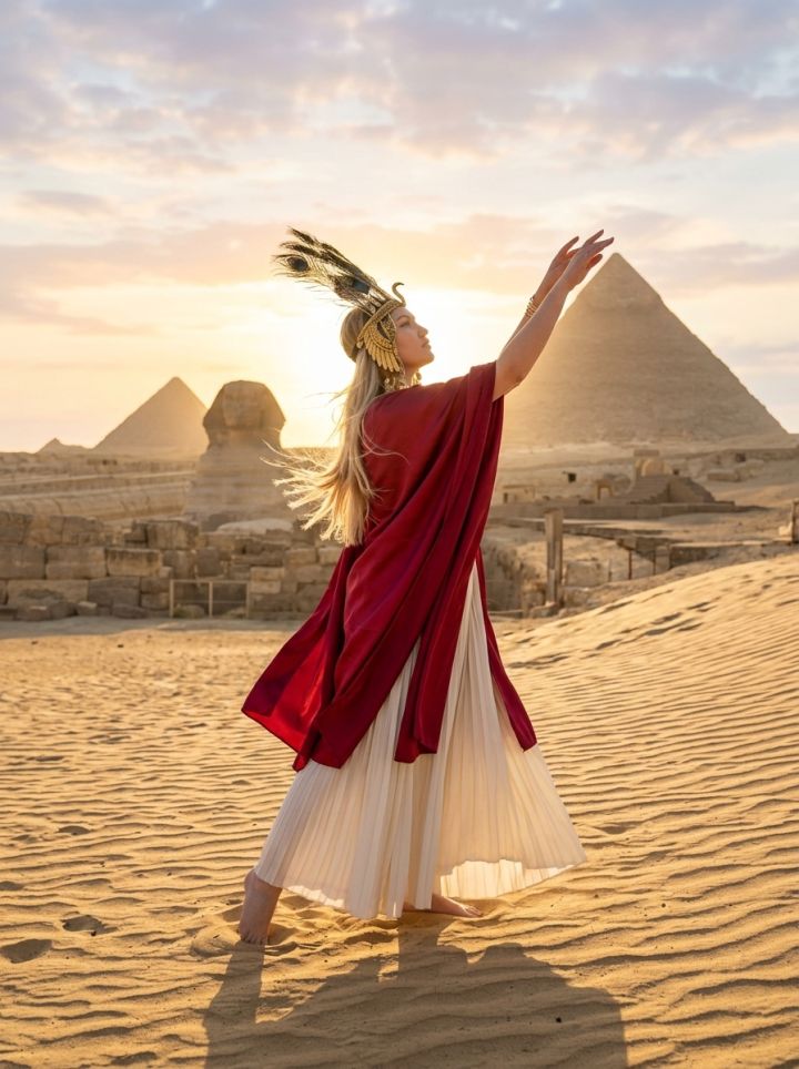 Piramidi di Giza all'Alba Dorata: Figura Dinamica sulle Dune Ventose con Sciarpe Cremisi