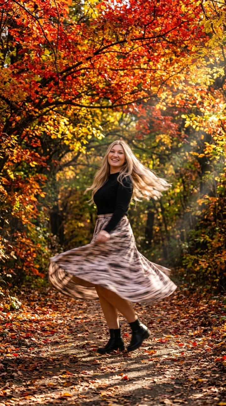 Piroetta Fantasiosa con Gonna Vorticoso su Sentiero Autunnale nel Bosco | Ultra Realismo Fotografico
