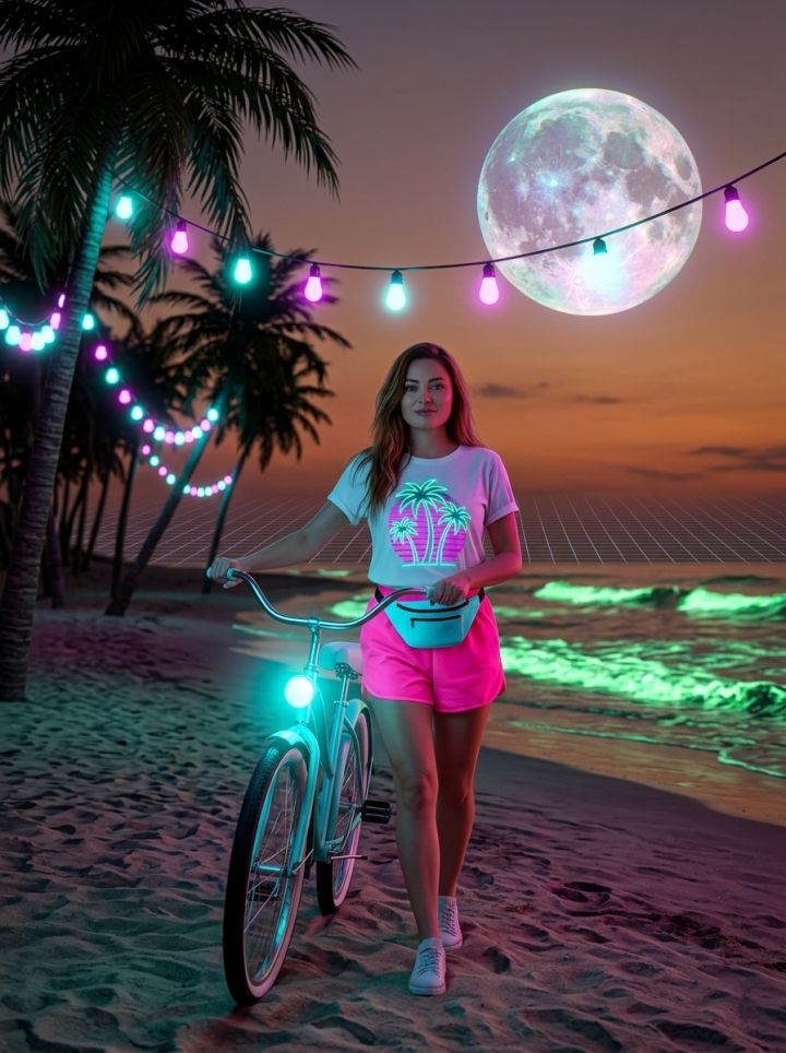 Playa Neon al Atardecer de los 80s: Palmas Iluminadas, Bicicleta Retro y Luna Holográfica