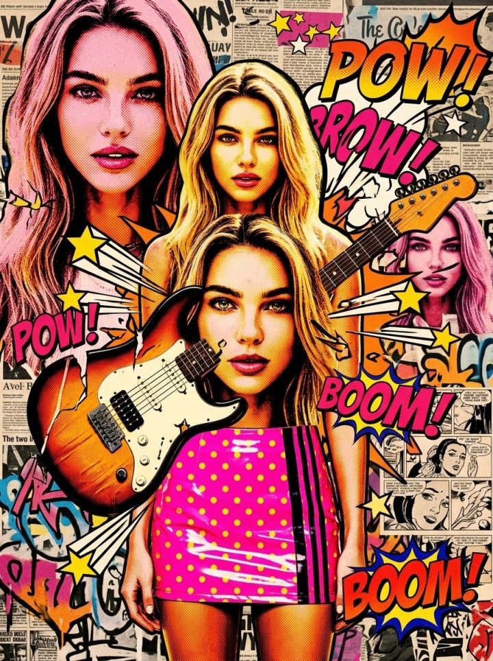 Pop Art Γυναίκα με Κιθάρα: Ροζ Μανία