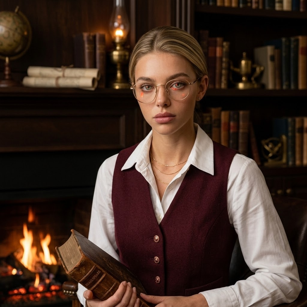 Portrait by the fireplace in an antique study: face in glasses with thin frame, hair neatly combed back, holds a volume of Shakespeare, flame reflects in the eyes, shelves with globes and manuscripts, soft warm lighting, realistic texture of leather bindings, melancholic atmosphere., in a woolen vest of burgundy shade with copper buttons