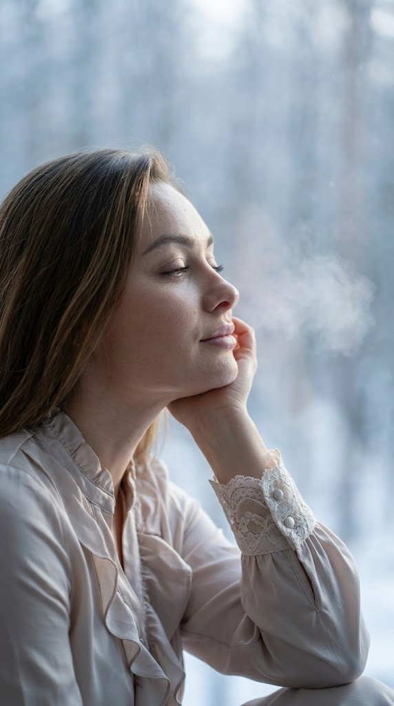 Portrait in profile, head slightly tilted, leaning on hand, eyes half-closed in calm, cool morning light penetrates through the window, visible breath in the air, background with soft winter forest in pastel gray-blue tones, dynamic transition from sharp focus to blur, dreamy frame, in a light silk blouse with ruffles and lace cuffs