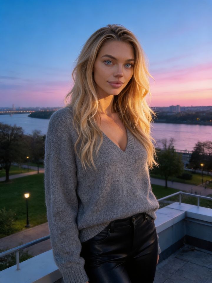 Portrait photoréaliste au regard tendre : Femme en pull gris V-neck et pantalon cuir slim sur roo...