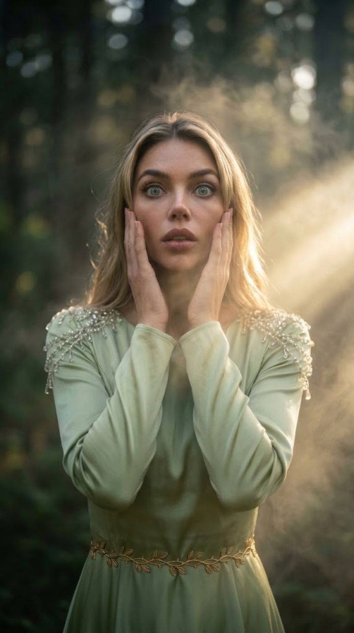 Portret Cinematic Apropiat Ultra-Realist: Femeie în Rochiie Verde Mătăsoasă în Pădure Mistică la ...