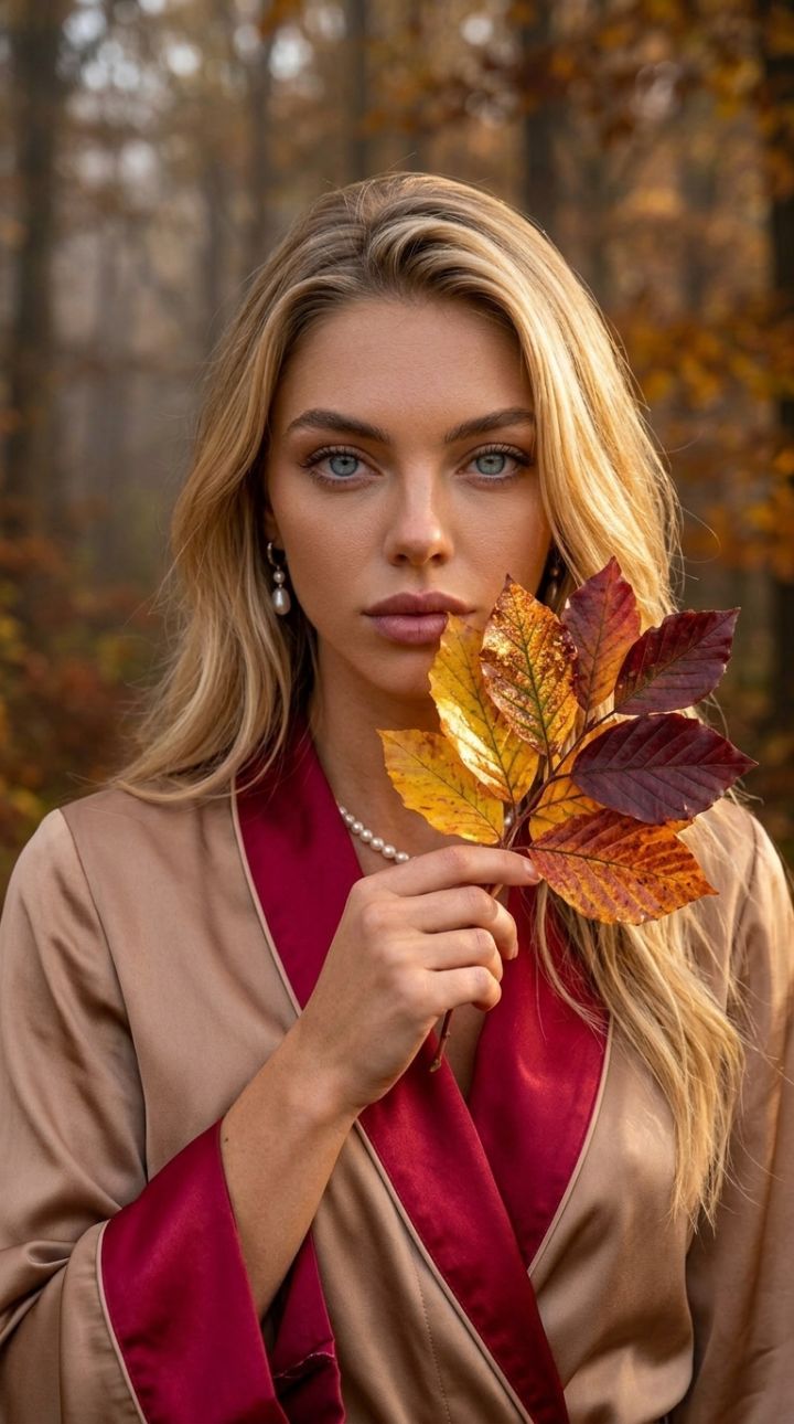 Portret fotorealist cu frunze de toamnă colorate lângă față, robă de mătase rubin și bijuterii perle