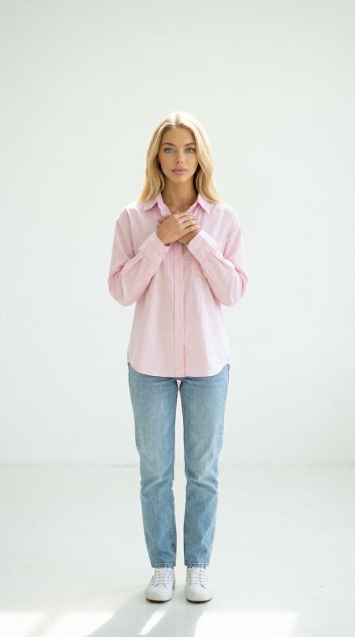 Portret Ultra-Fotorealistik me Dritë Natyrale: Person Relaksuar në Këmishë Rozë Pastel