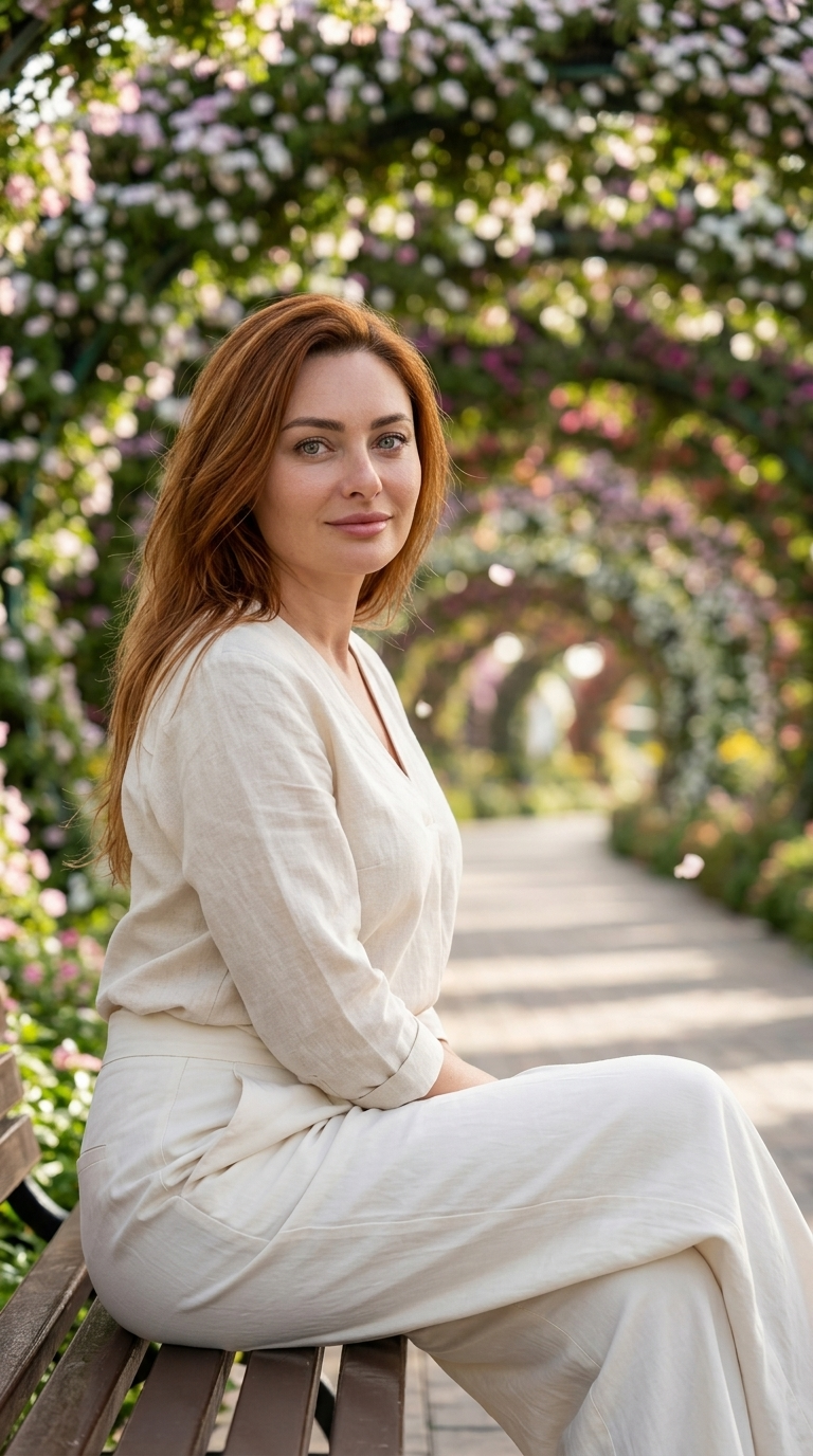 Portret Ultra-Realist în Grădina Minunilor Dubai: Fată pe Bancă sub Arcuri înflorite, Focus pe Ochi, 8K