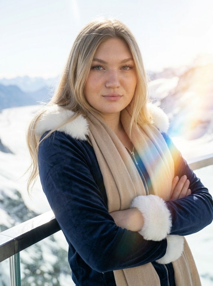 Portráid Dlúth ag Jungfraujoch: Tracksuit Vealbhat Navy le Trim Fionnaidh Bán i measc Beanna Snea...