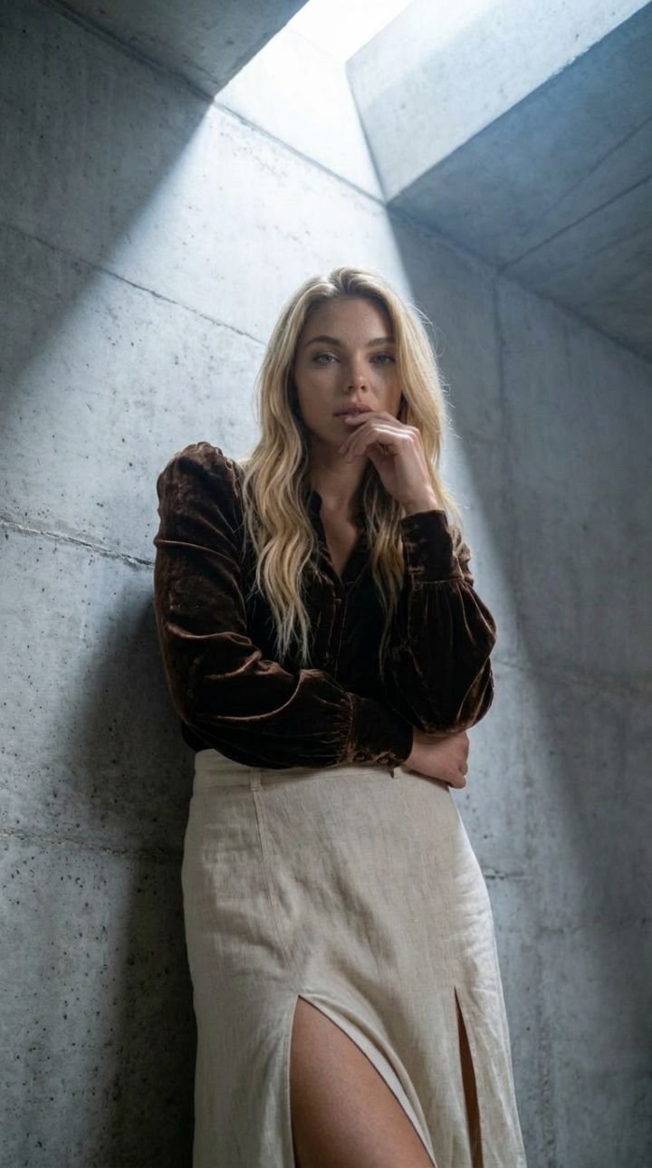 Portráid Ultra Fhótaréalach: Bean le Súil Dhian Dhíreach, Suí le Cosa Sínte i Blús Veilbhit