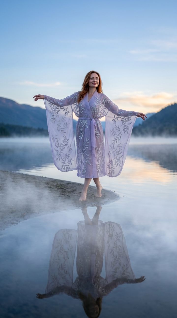 Posa Corpo Intero Elegante Lago Nebbioso Tramonto Veste Lavanda Fotorealismo