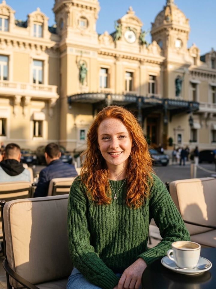 Posa relaxada a la terrassa del Café de Paris amb vista al Casino de Montecarlo a l'hora daurada