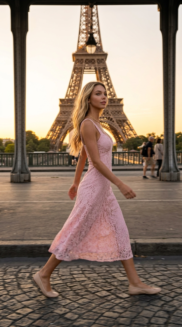 Pose Berjalan Dinamis di Pont d'Iéna Menuju Menara Eiffel Saat Matahari Terbenam