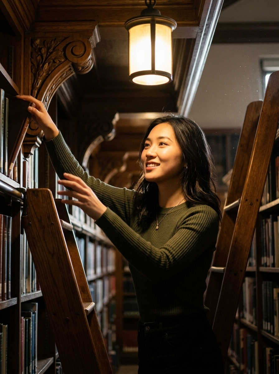 Pose Dinamis Meraih Buku Rak Tinggi dengan Tangga di Perpustakaan Tak Terbatas, Pencahayaan Chiaroscuro Dramatis