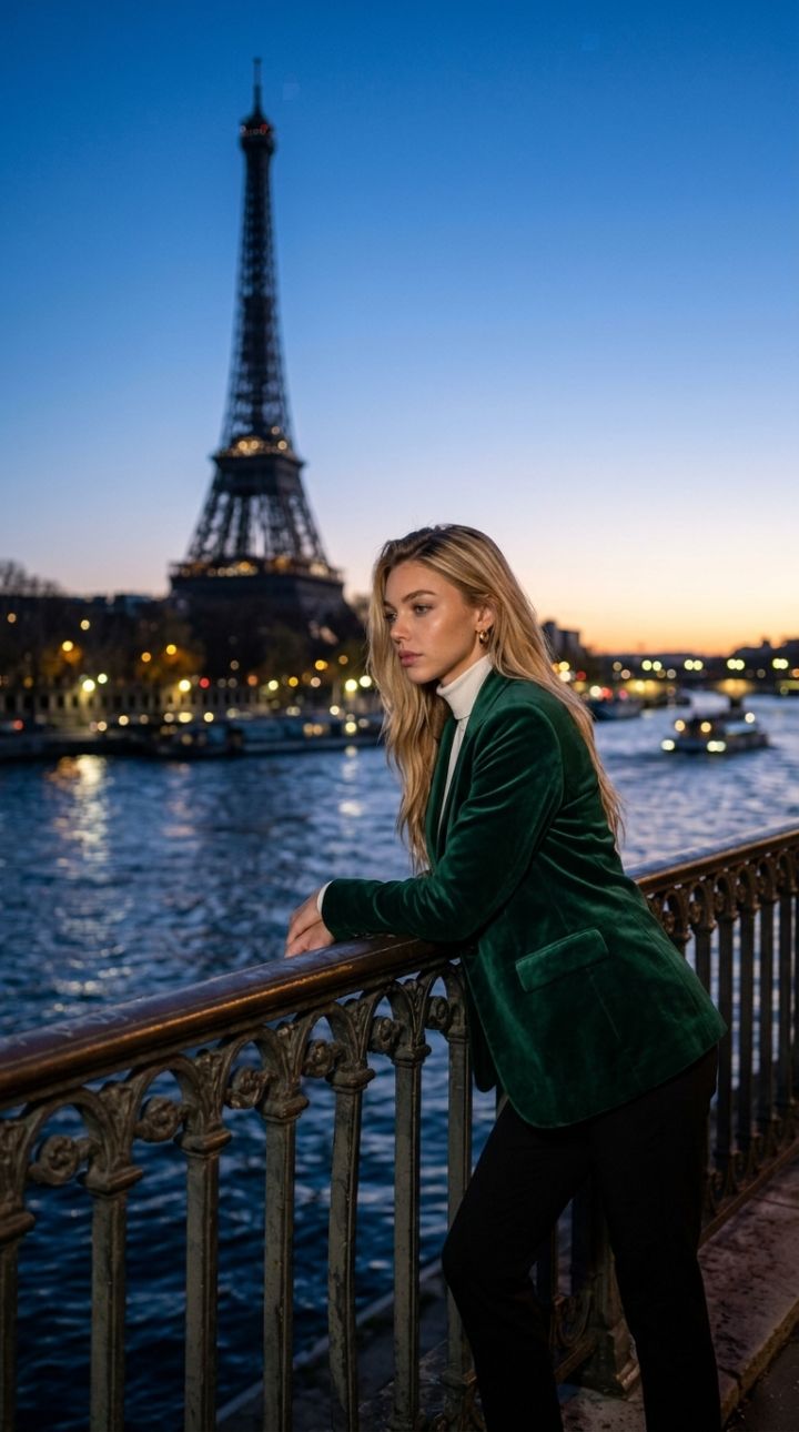 Pose Leantach Machnamhach ar Bruach na Seine le Túr Eiffel ag an Uair Ghorm