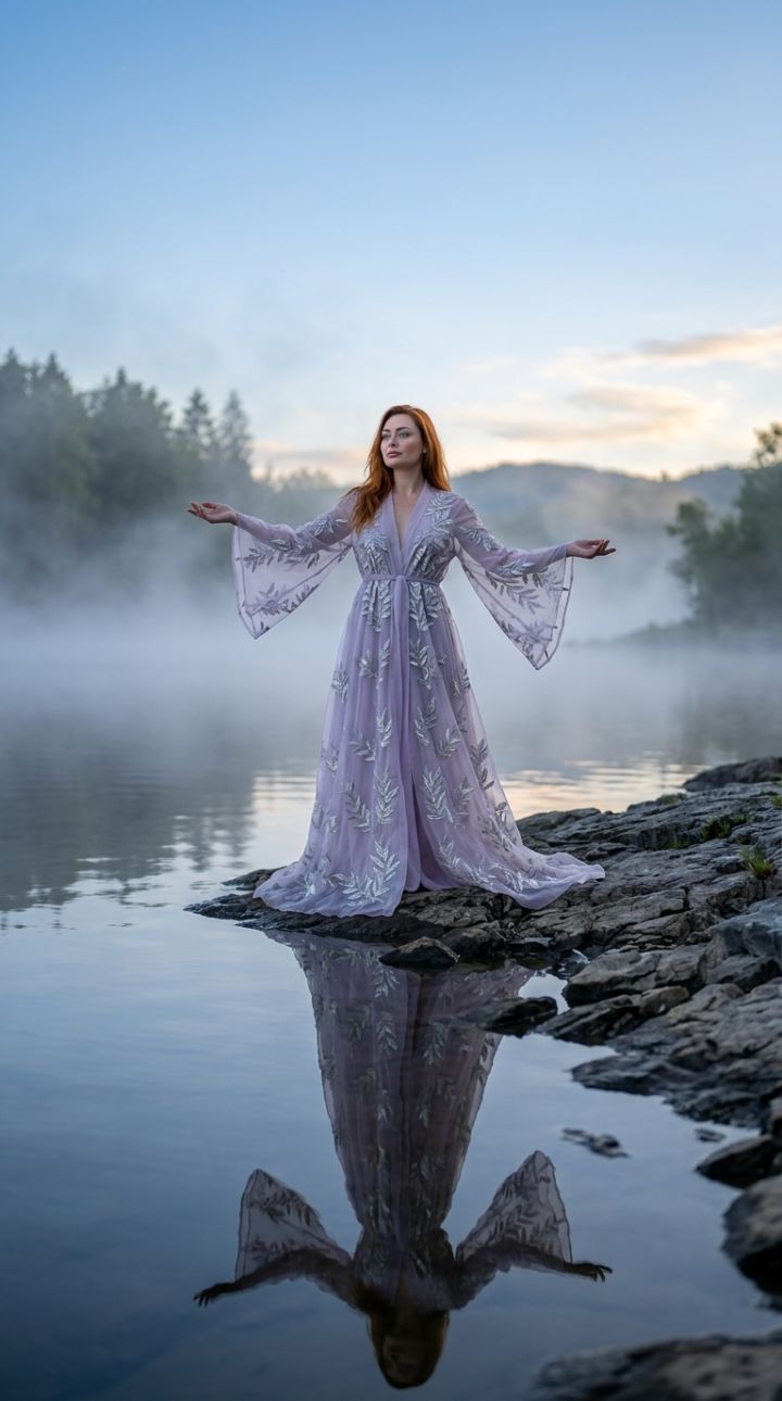 Pose Tubuh Penuh Elegan dengan Lengan Terentang di Tepi Danau Berkabut Senja