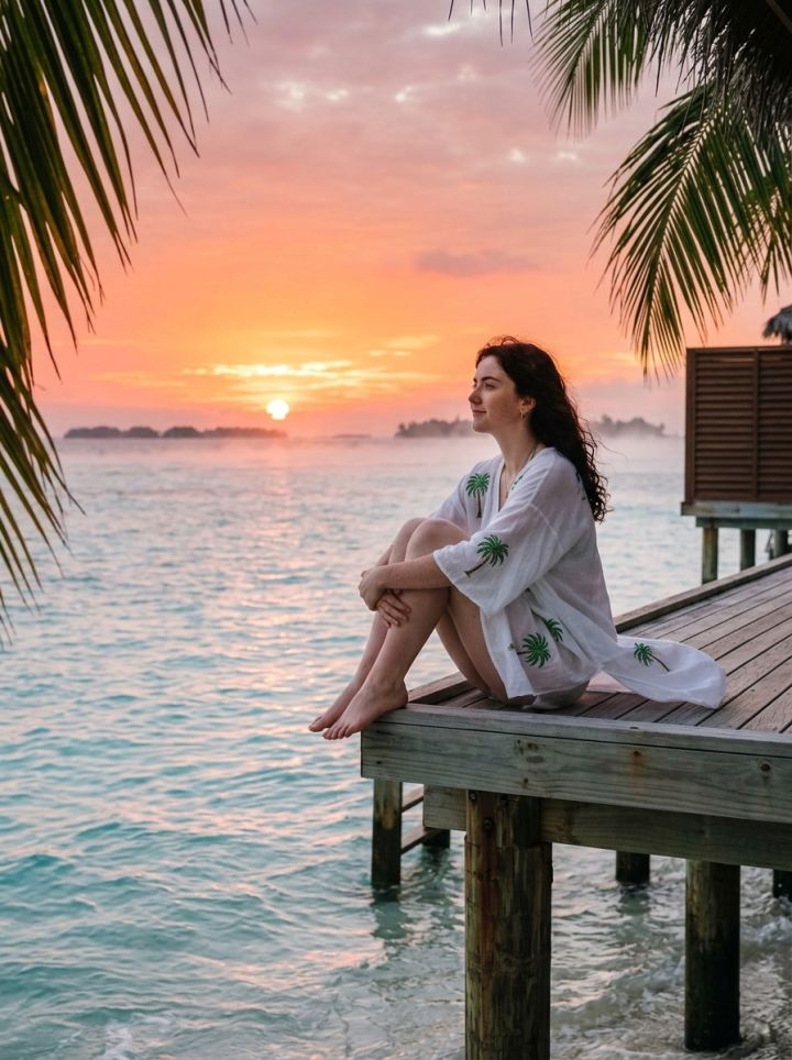 Postura Relaxada a Vil·la Sobre l'Aigua al Amanecer amb Kaftan Blanc