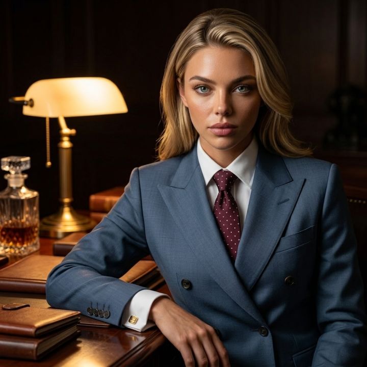 Potret Close-Up Eksekutif Profesional Jas Biru Baja Double-Breasted Pinstripe Karakter Dramatis