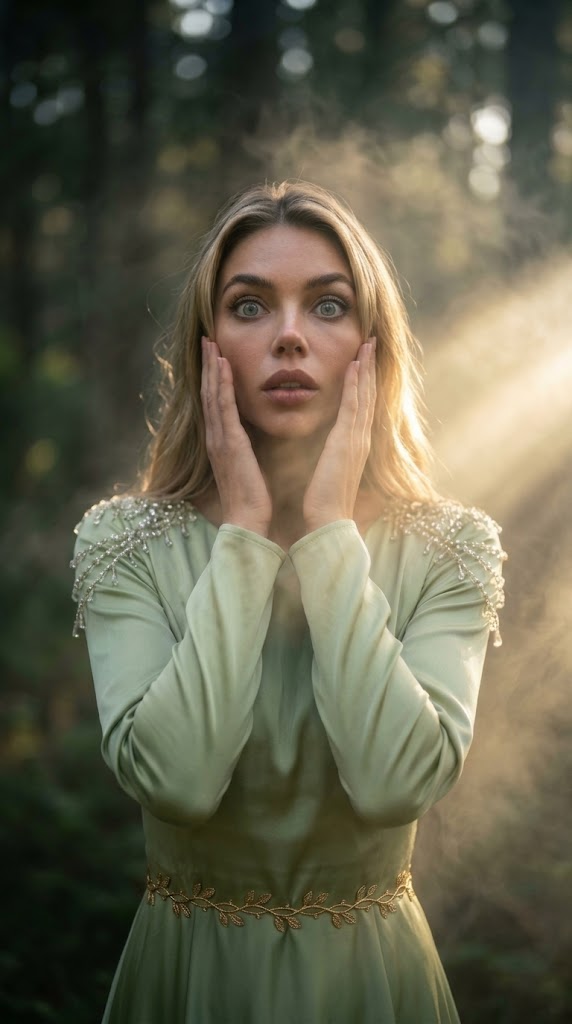 Potret Close-Up Sinematik Wanita Cantik Sudut Rendah, Gaun Sutra Hijau Muda, Kabut Misterius Golden Hour God Rays