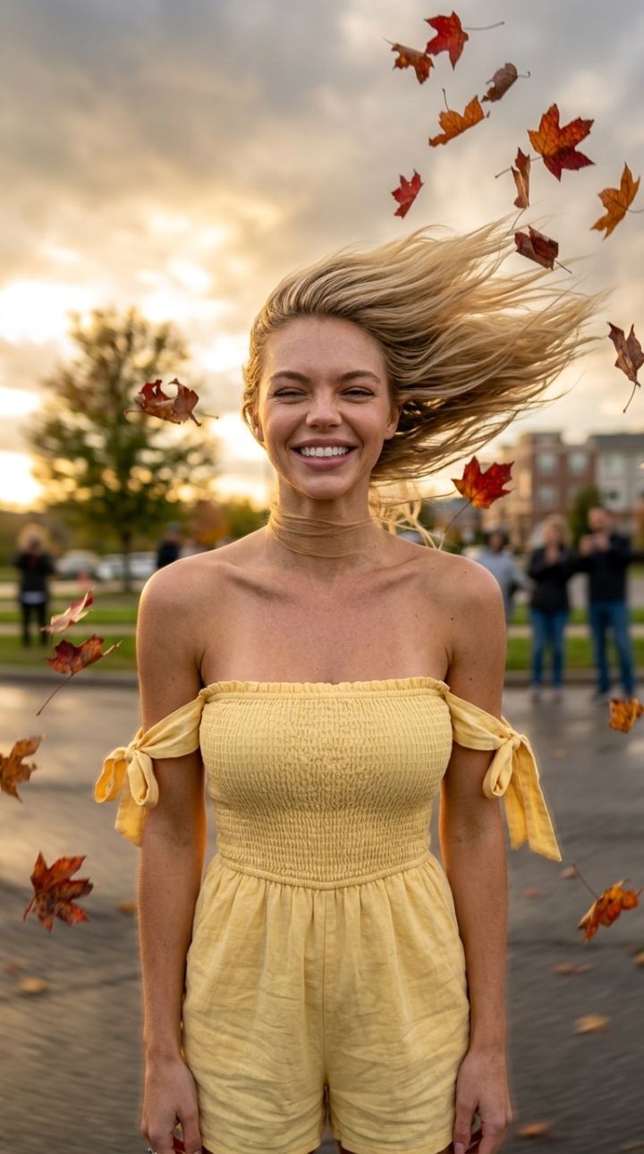 Potret Depan Wanita Tertiup Angin Kencang Musim Gugur, Rambut Mengalir Belakang, Romper Kuning Off-Shoulder – Ultra R...